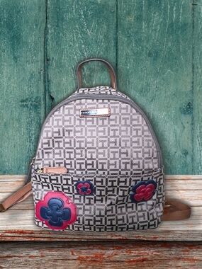 Tommy Hilfiger Monogram Taupe Backpack Purse with Red & Navy Floral Accent 12×10